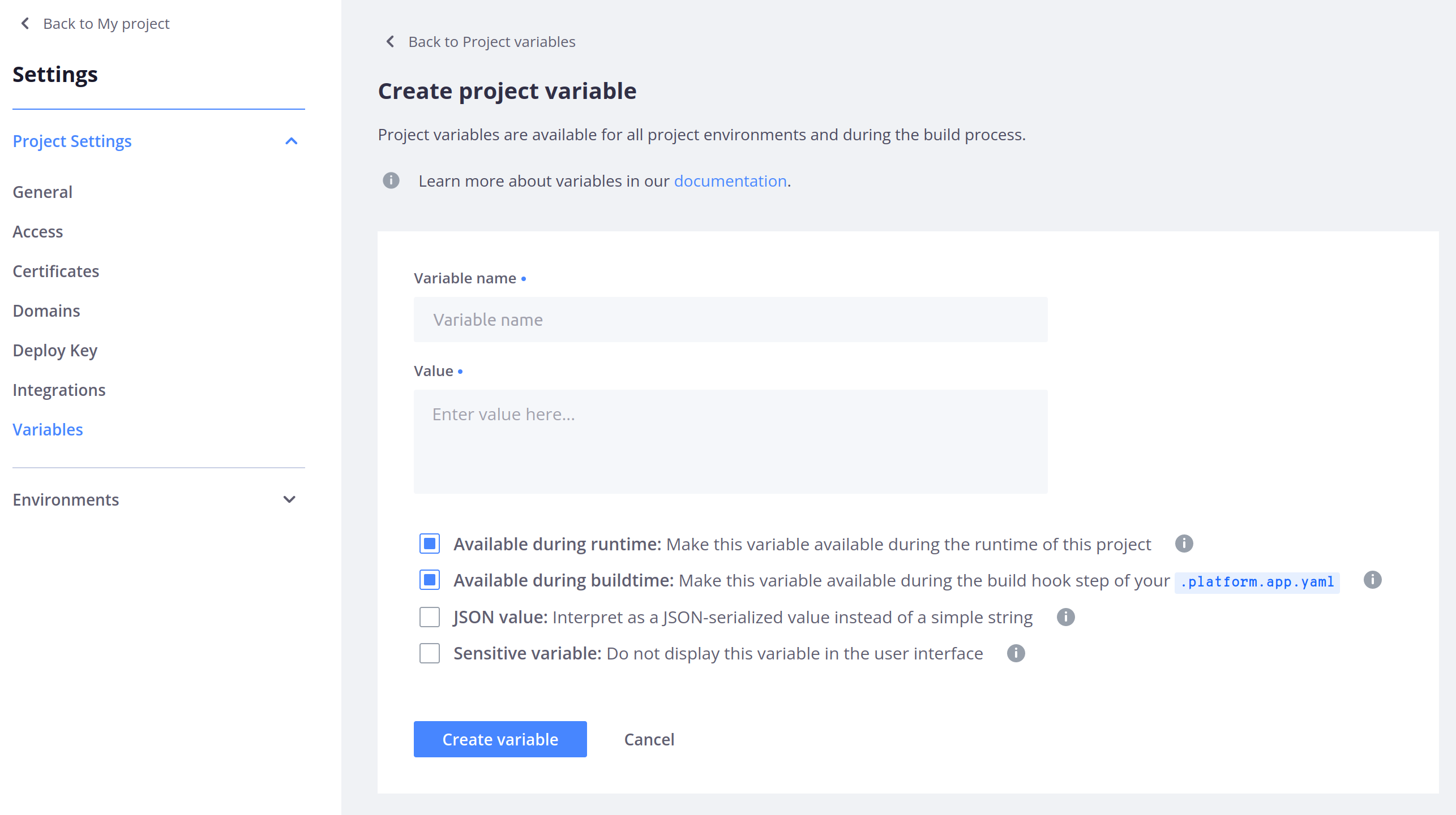 Project variables